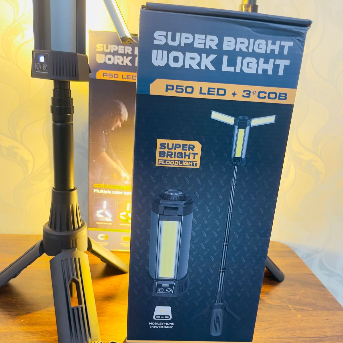 8500Lumens (50000mAh Battery) IPX7 Waterproof, Telescoping Tripod, 3 Brightness Modes & Flashlight for Camping, Workshops, Emergencies
